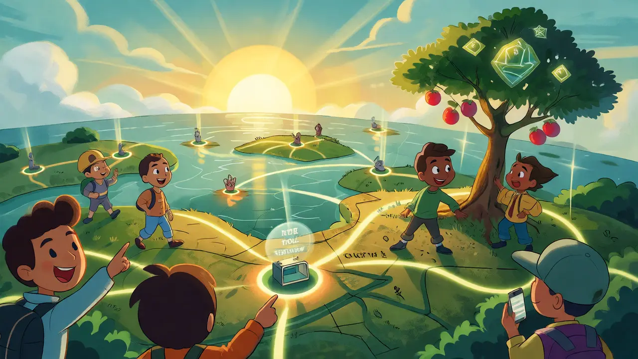 Characters exploring a light-beam map with NFT trees and instant transaction tolls.