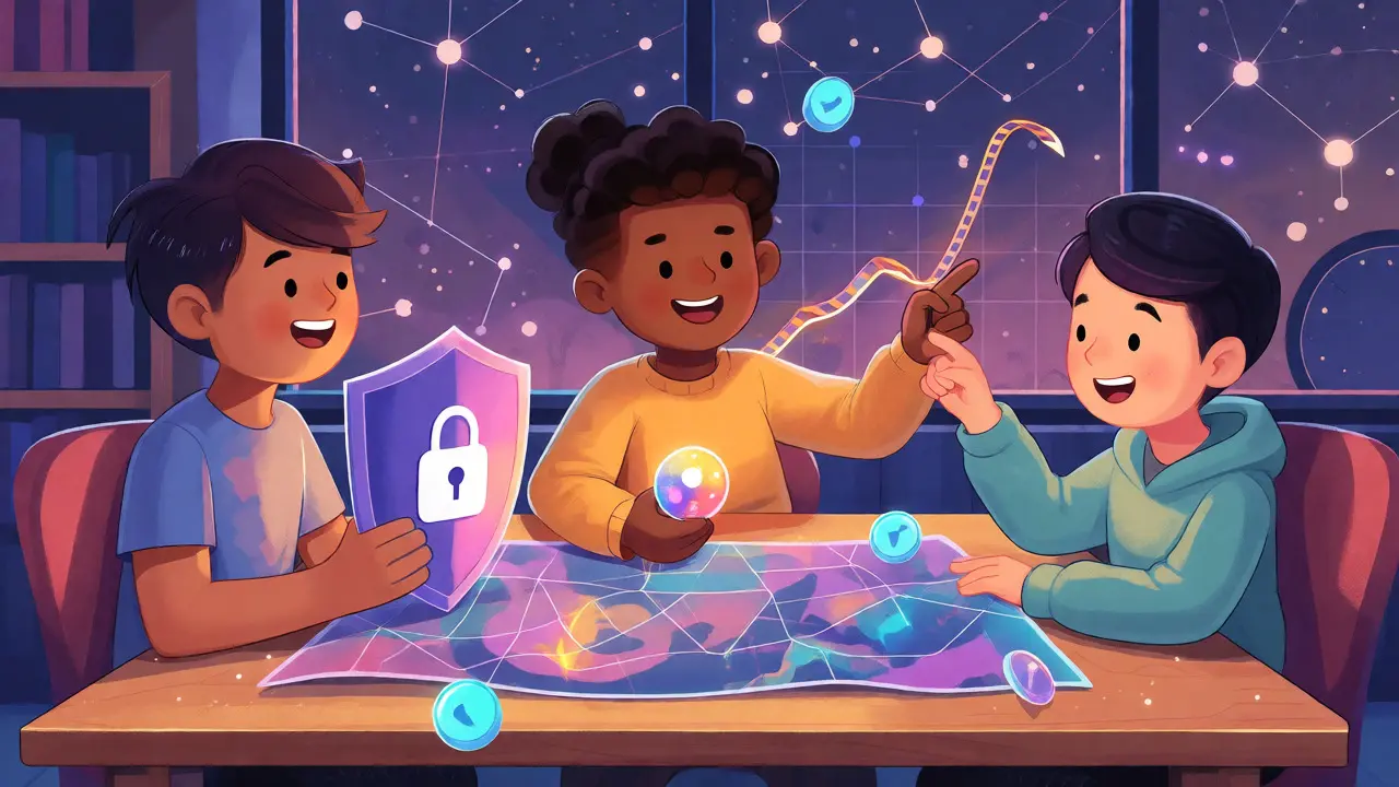 Characters exploring WeFi features in a cozy study