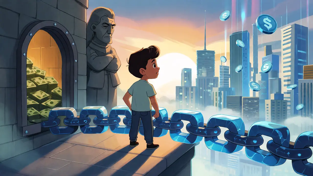 Citizen standing on a blockchain bridge between a traditional vault and a digital city.