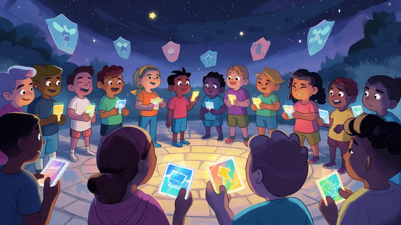 Community members exchanging glowing NFT badges under a starry sky during an airdrop event.