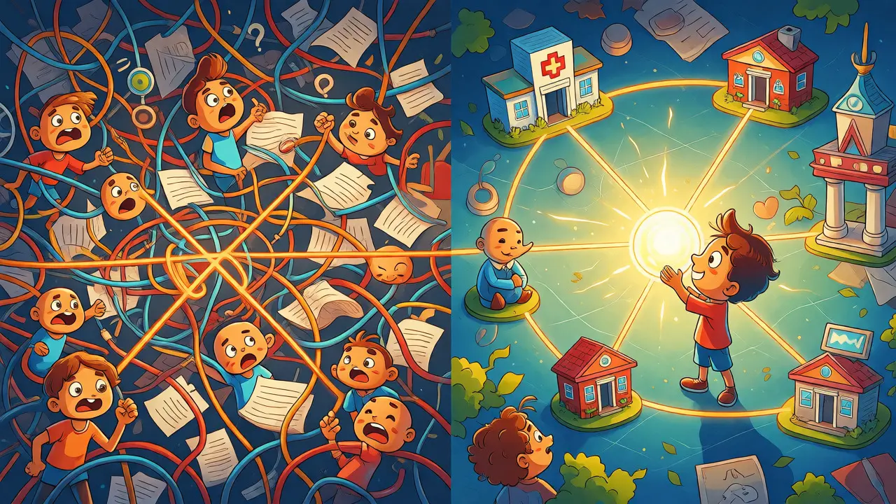 Contrast between tangled data chaos and organized digital identity connections in a whimsical illustration.