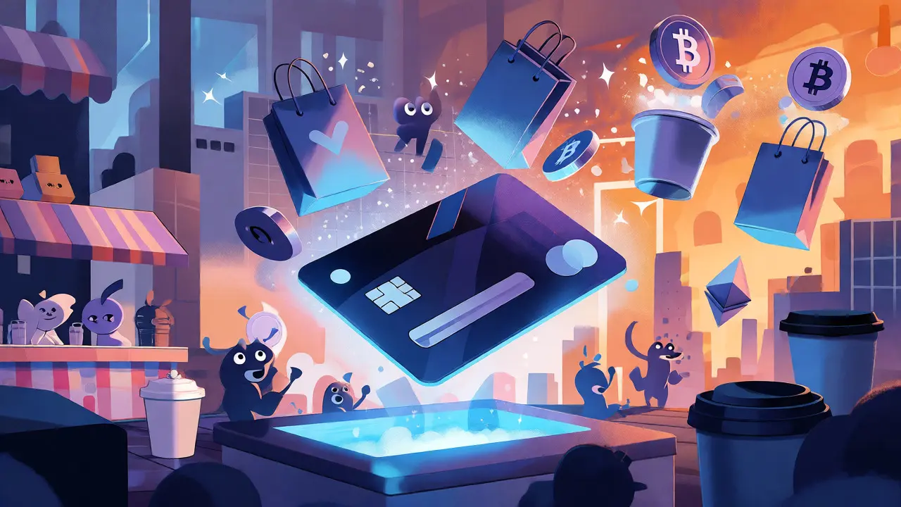 Crypto coins transforming into goods via a glowing card