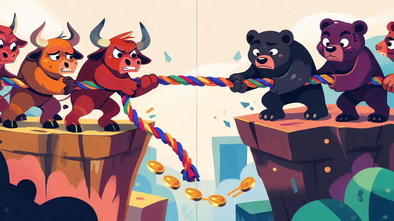 Cute bulls and bears playing tug-of-war over a rope bridge representing market balance.