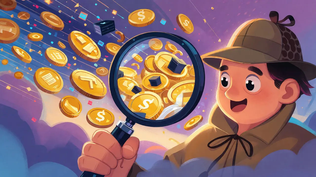 Detective inspecting a mix of coins and data streams symbolizing crypto regulation challenges