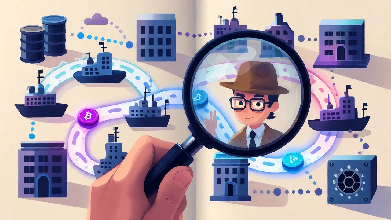 Detective using a magnifying glass to trace colorful digital transaction paths