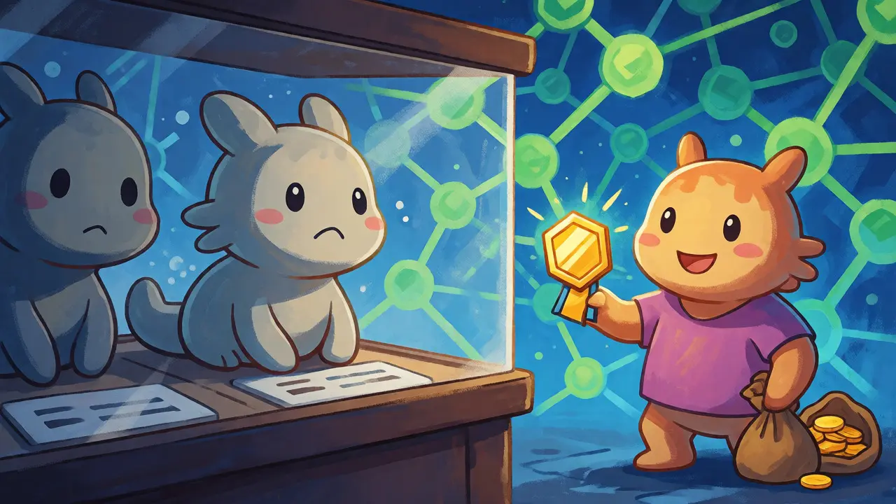 Digital creatures separated by marketplace glass, highlighting eligibility for airdrops.