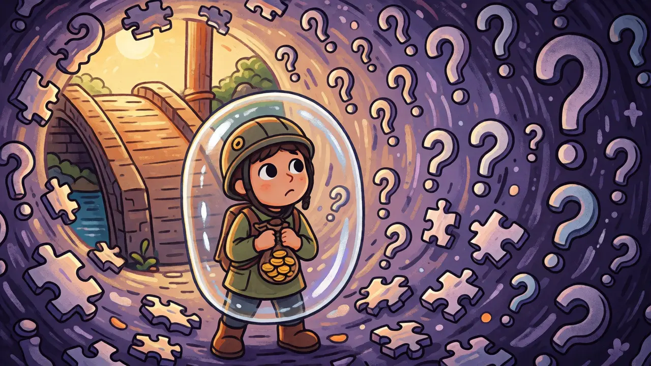 Explorer guarding coins near a chaotic vortex of questions versus a safe bridge