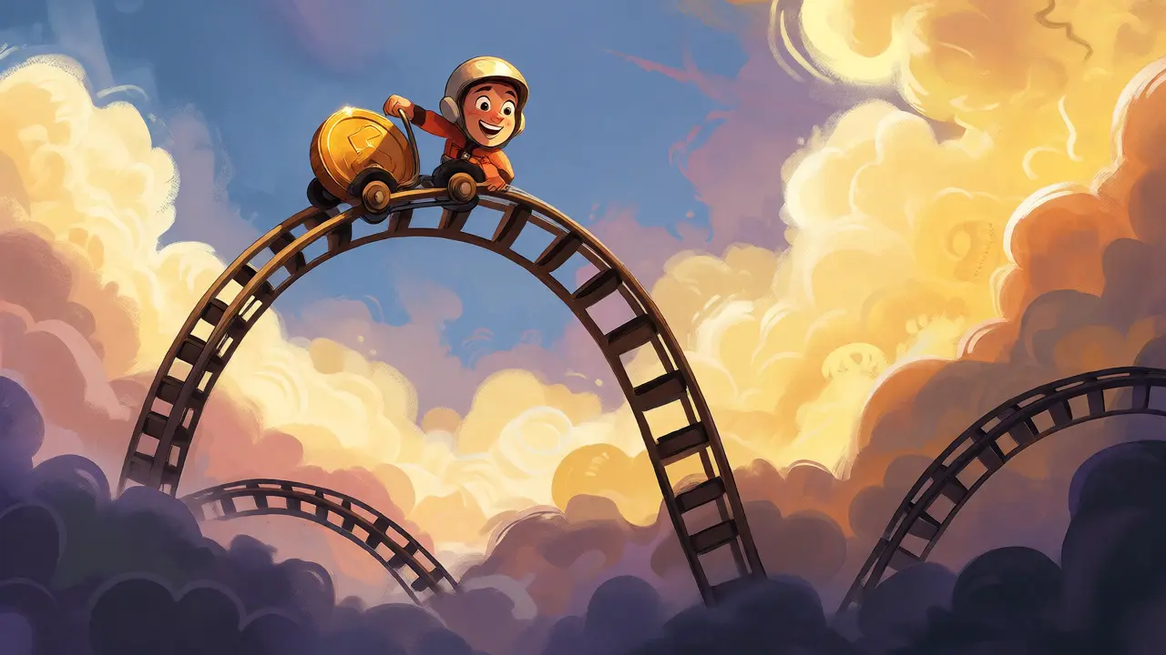 Explorer on coin-shaped rollercoaster amidst clouds