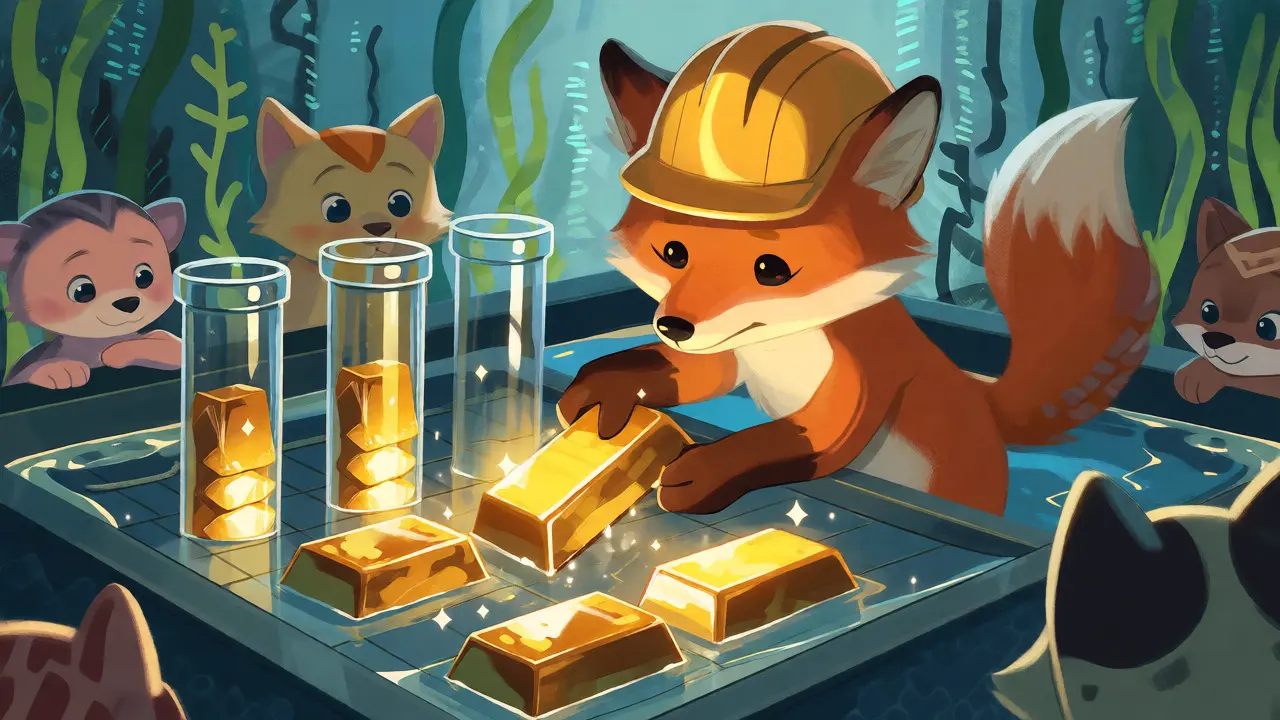 Fox character placing gold bars into concentrated liquidity tubes for better earnings.