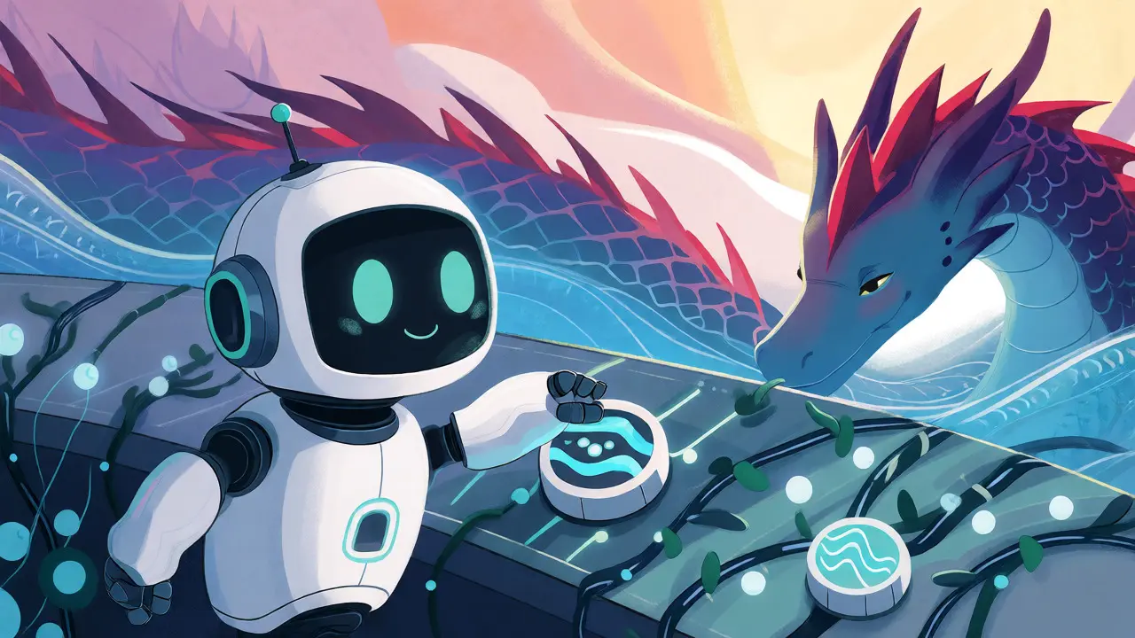 Friendly robot calming a volatile dragon with an AI control panel in a futuristic garden.