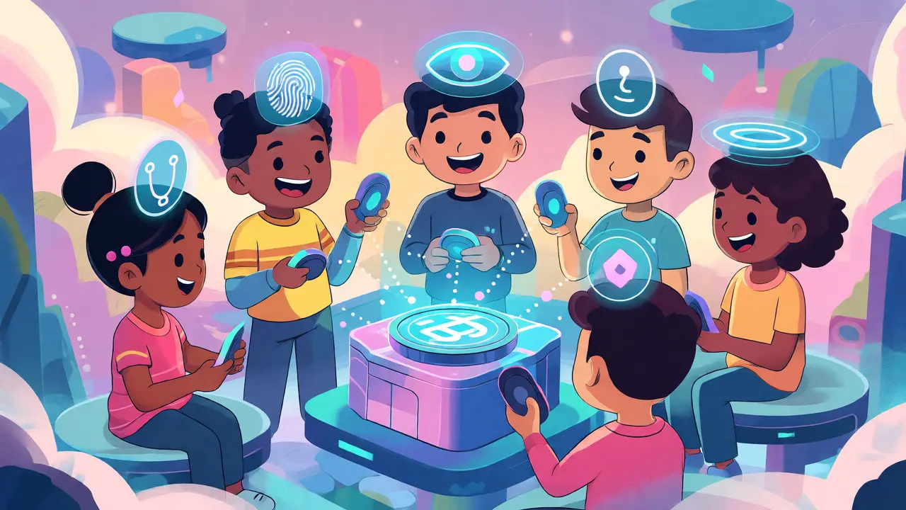 Futuristic cartoon scene with users employing biometrics and hardware keys for passwordless access.