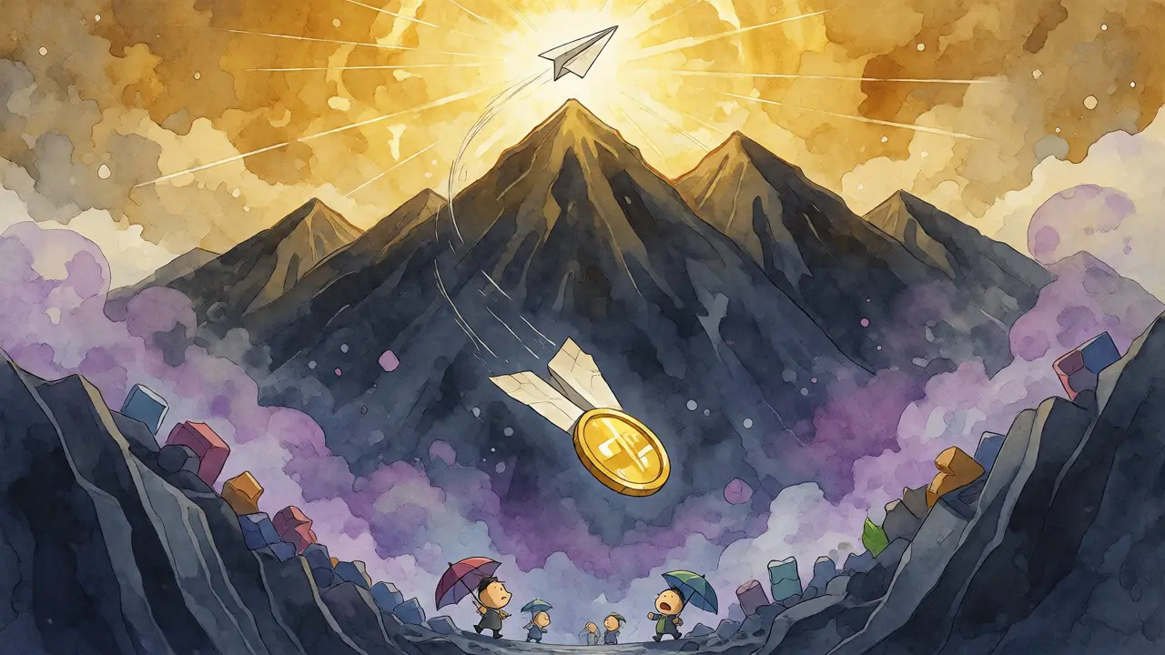 Gold coin paper airplane falling from mountain peak into deep canyon