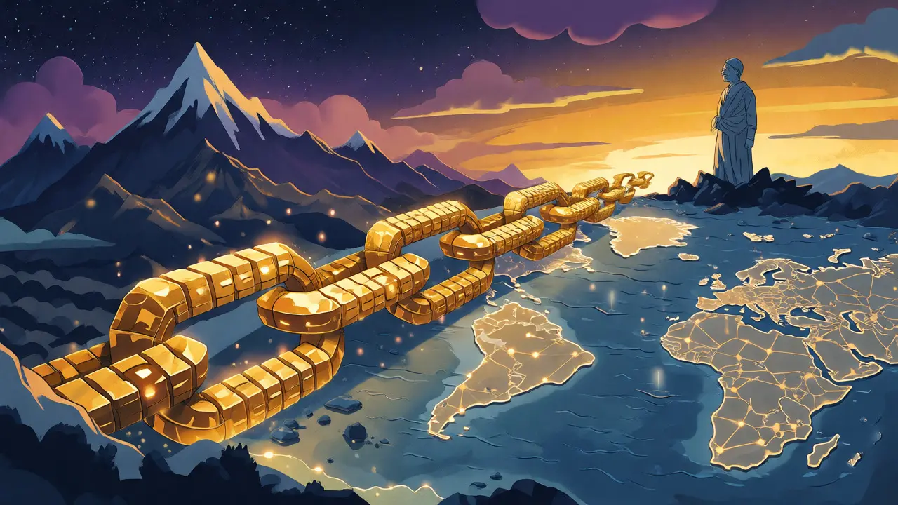 Golden blockchain stretching across a global map under stars