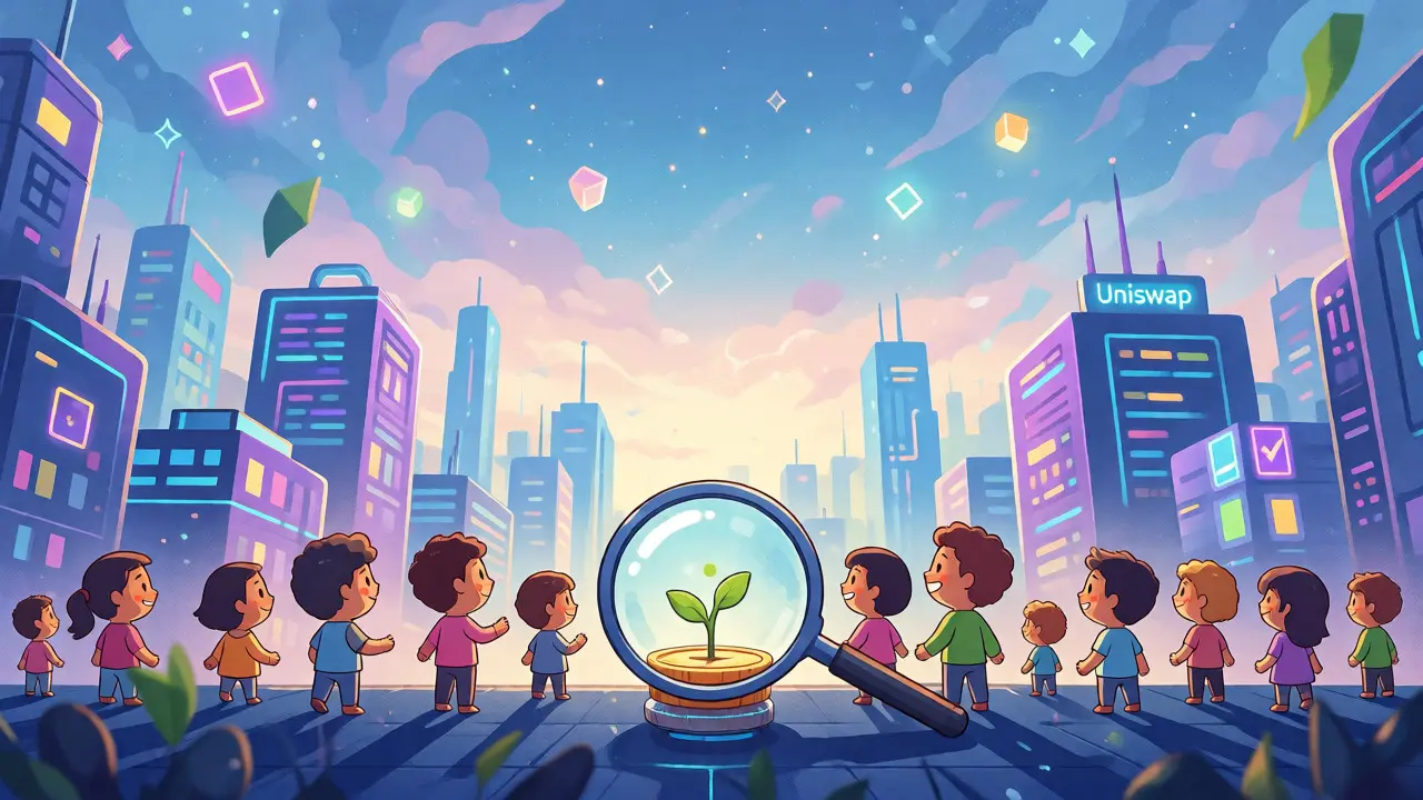 Group of avatars discovering a sprouting token in a futuristic neon cityscape.