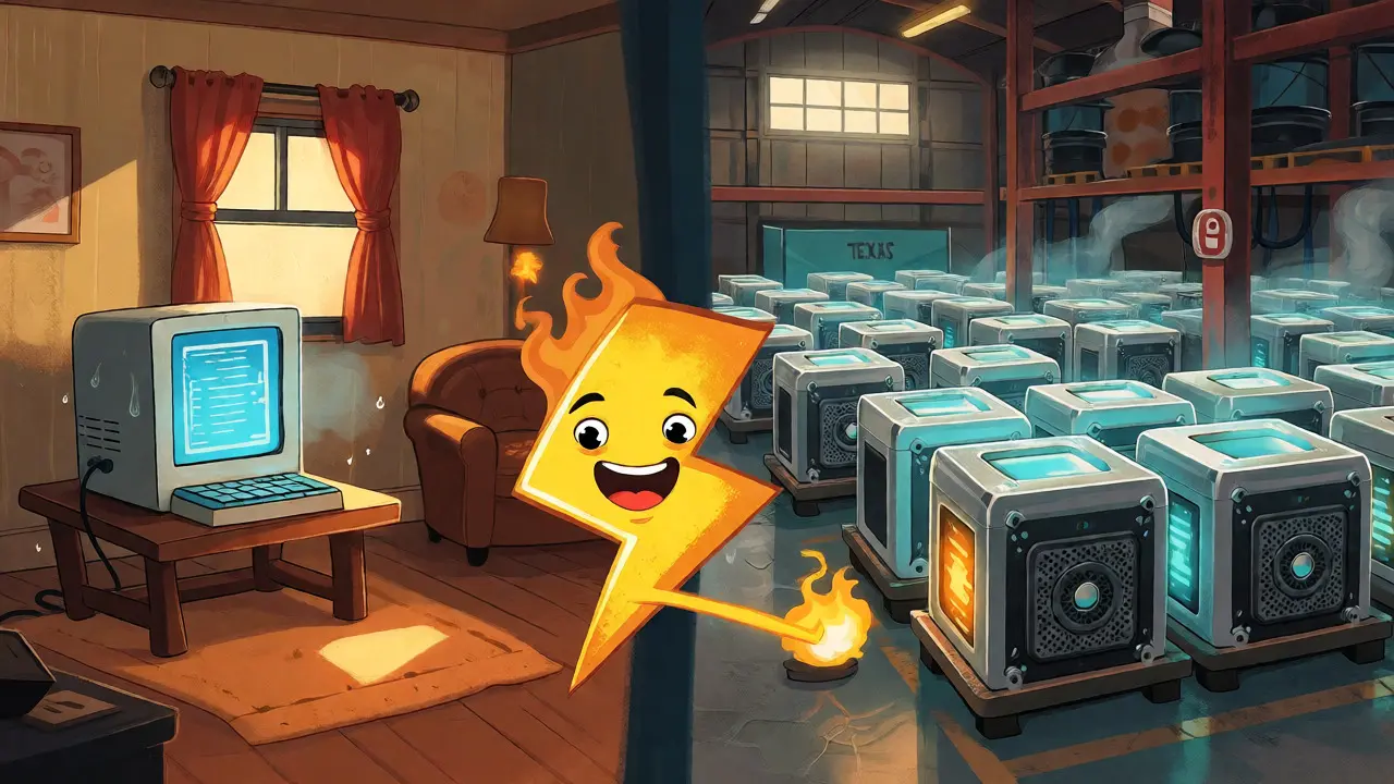 Home miner vs industrial warehouse with energy flow