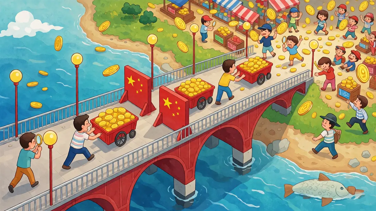 Illustration of a guarded bridge from China to Hong Kong with money carts