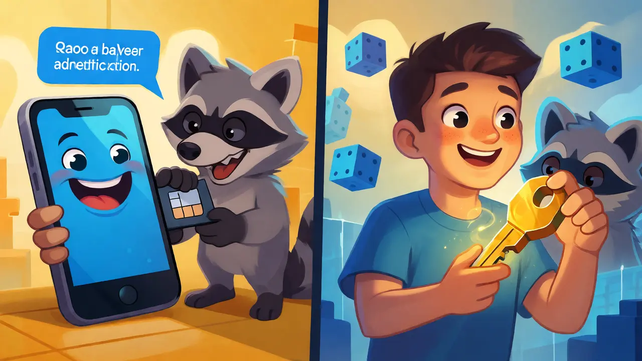 Illustration showing a hacker swapping a SIM card while a user secures assets with a hardware key.
