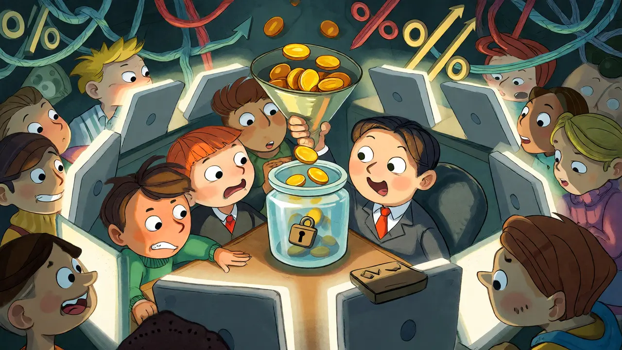 Investors trapped in a room trying to withdraw coins from a locked jar
