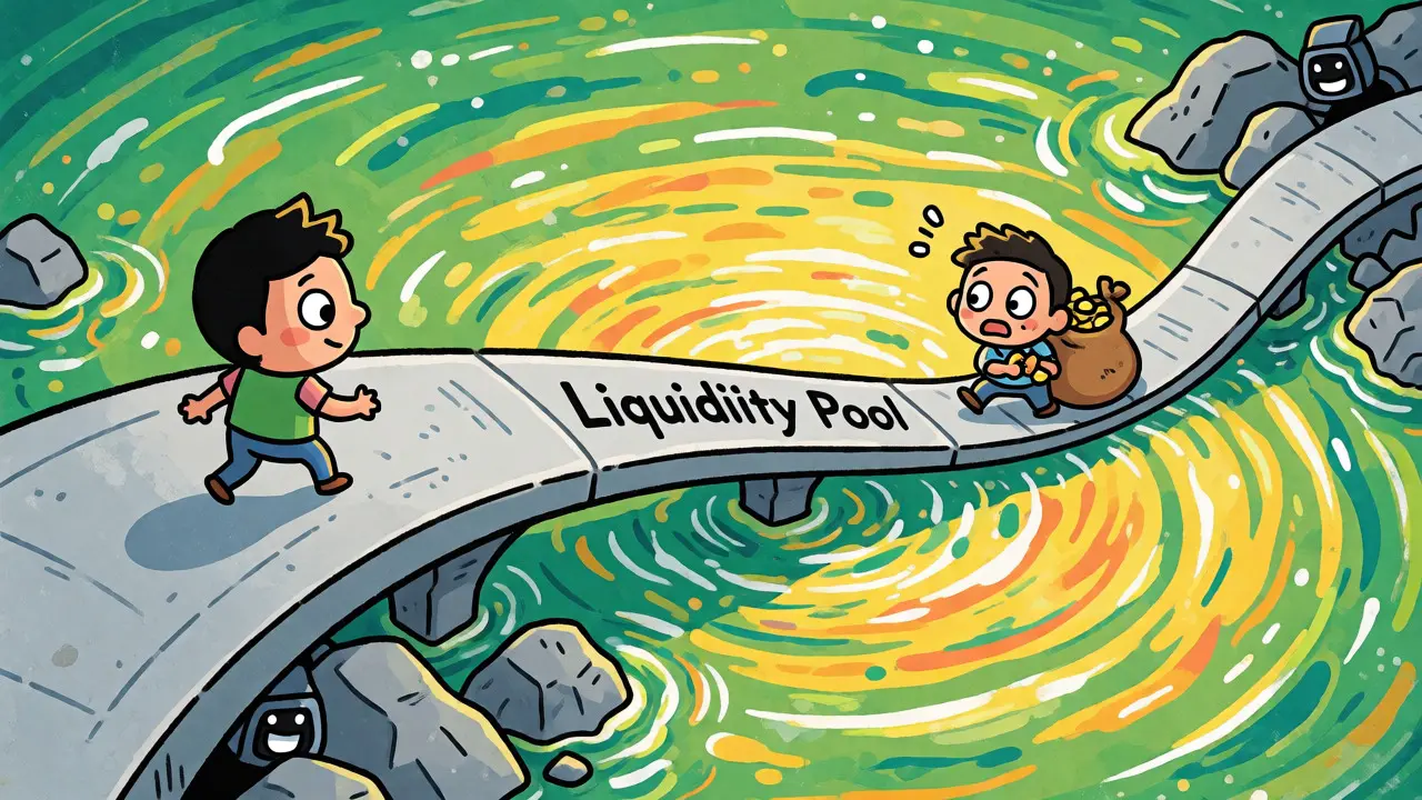 Nervous trader balancing on a thin bridge over a liquidity pool with mischievous bots nearby.