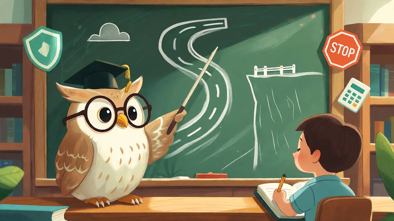 Owl teacher pointing to a safety chart for students, representing safe crypto futures trading strategies.