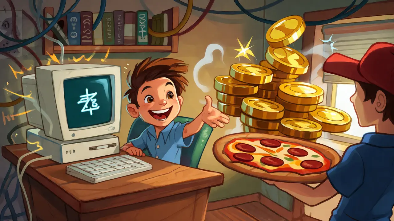 Programmer trading a pile of gold coins for two pizzas