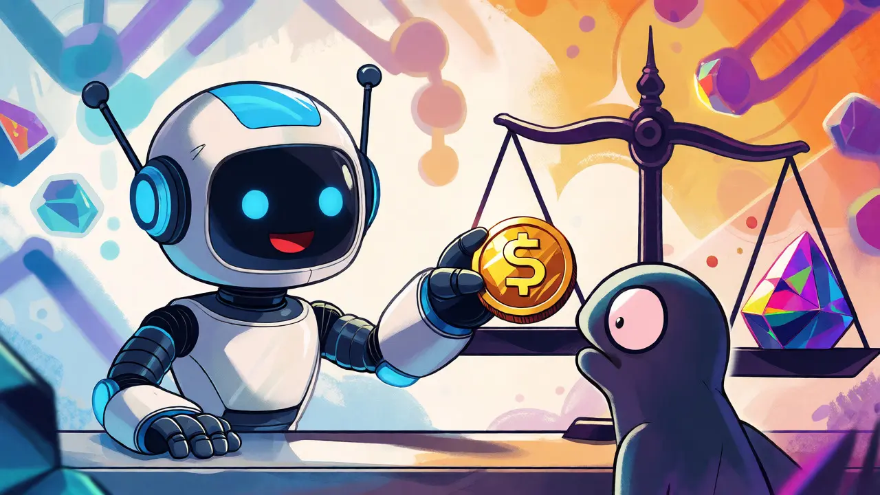 Robot exchanging gold coin for crystal in cartoon illustration