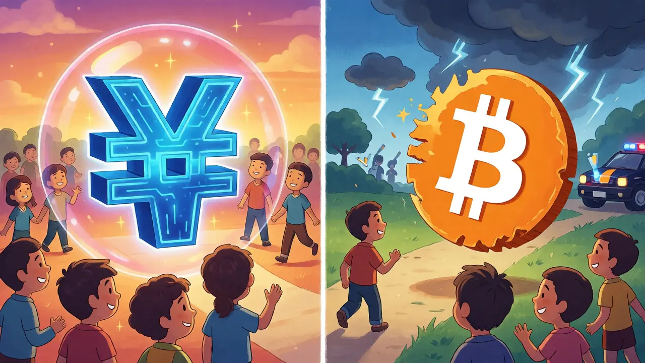Split view comparing glowing e-CNY bubble and free-floating Bitcoin
