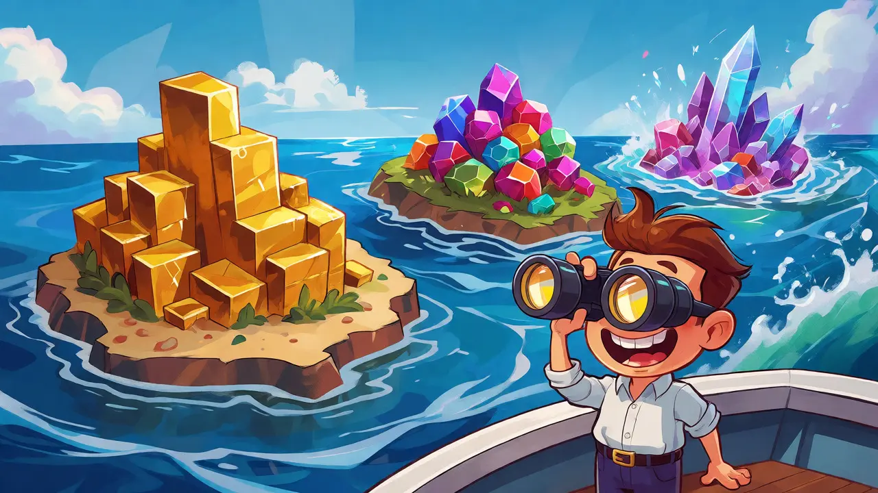 Three floating islands of different sizes and materials represent large, mid, and small-cap assets.