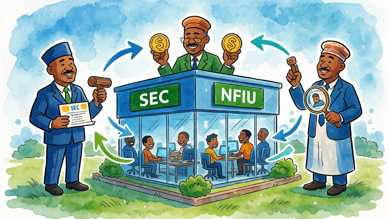 Three regulators protecting a fintech office in a cooperative scene.