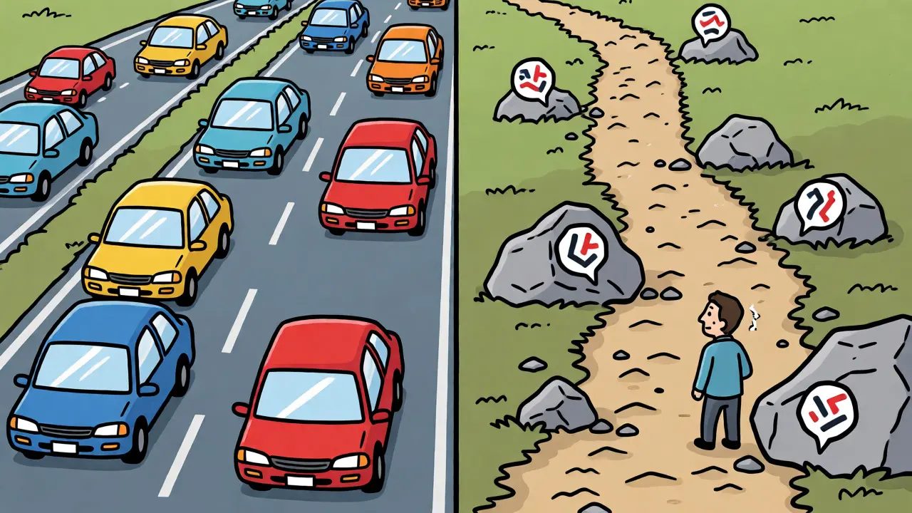 Trader comparing a busy highway to a risky narrow dirt path for crypto trading