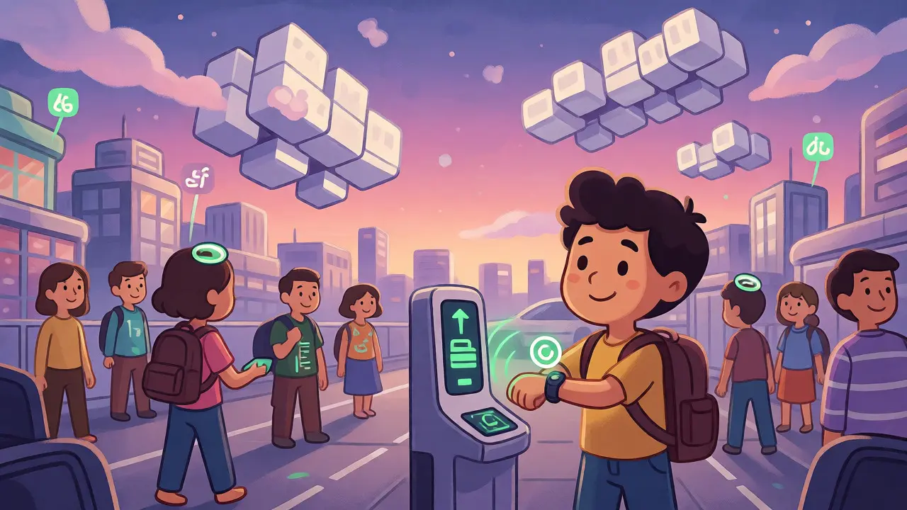 Traveler verifying identity at an airport gate with a digital wallet in a futuristic cartoon cityscape.