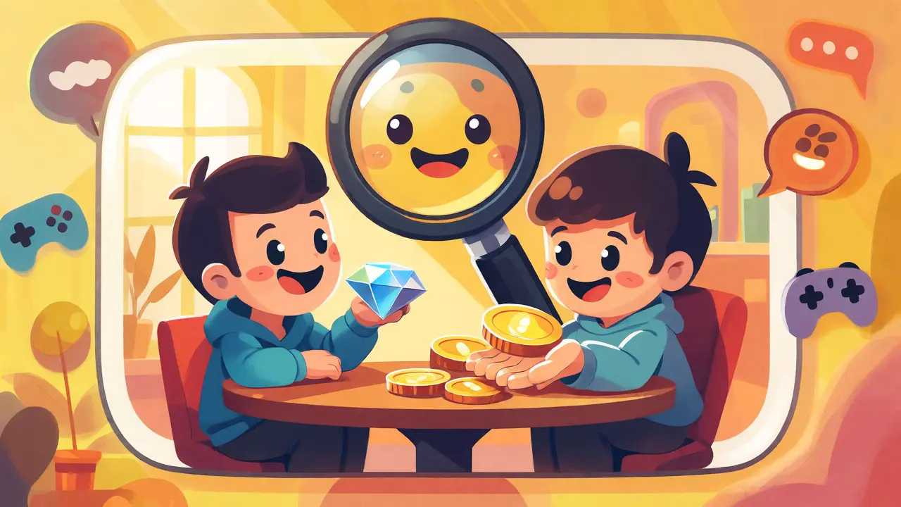 Two cartoon characters exchanging gold coins for diamonds inside a chat bubble.