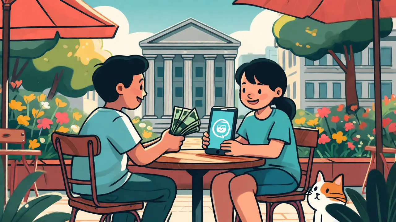 Two people exchanging cash for crypto directly in a sunny plaza, ignoring banks.