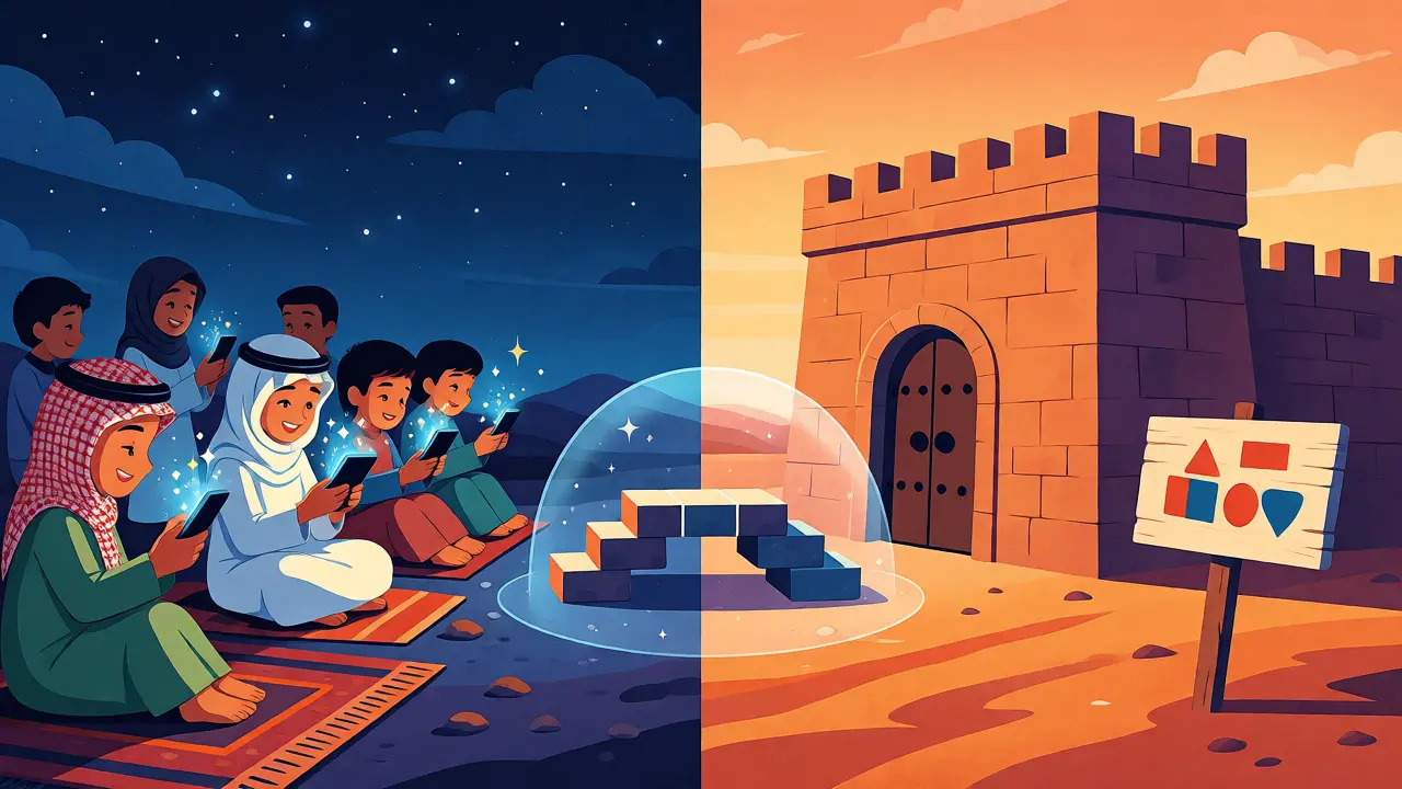 Young people trade crypto on phones outside a closed bank fortress in the desert.